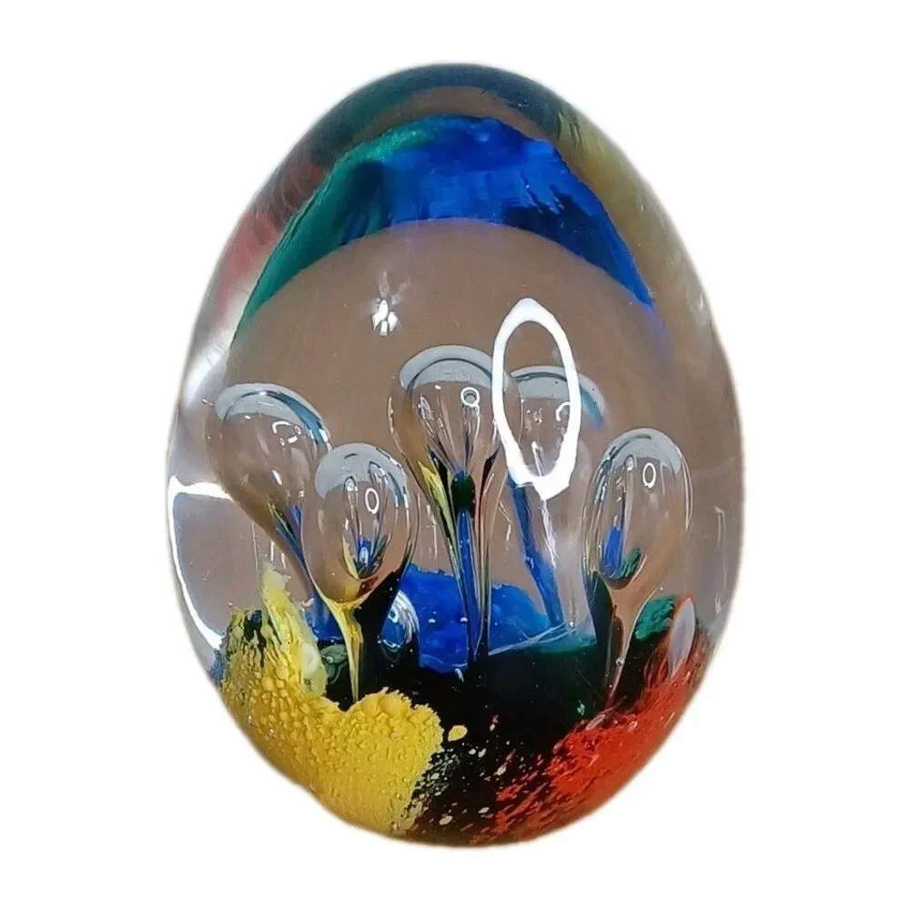 Hand Blown Art Glass Paperweight Controlled Bubbles Blue Multicolor Polished 3”
